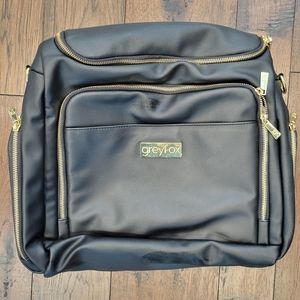 Black leather Grey Fox diaper bag backpack